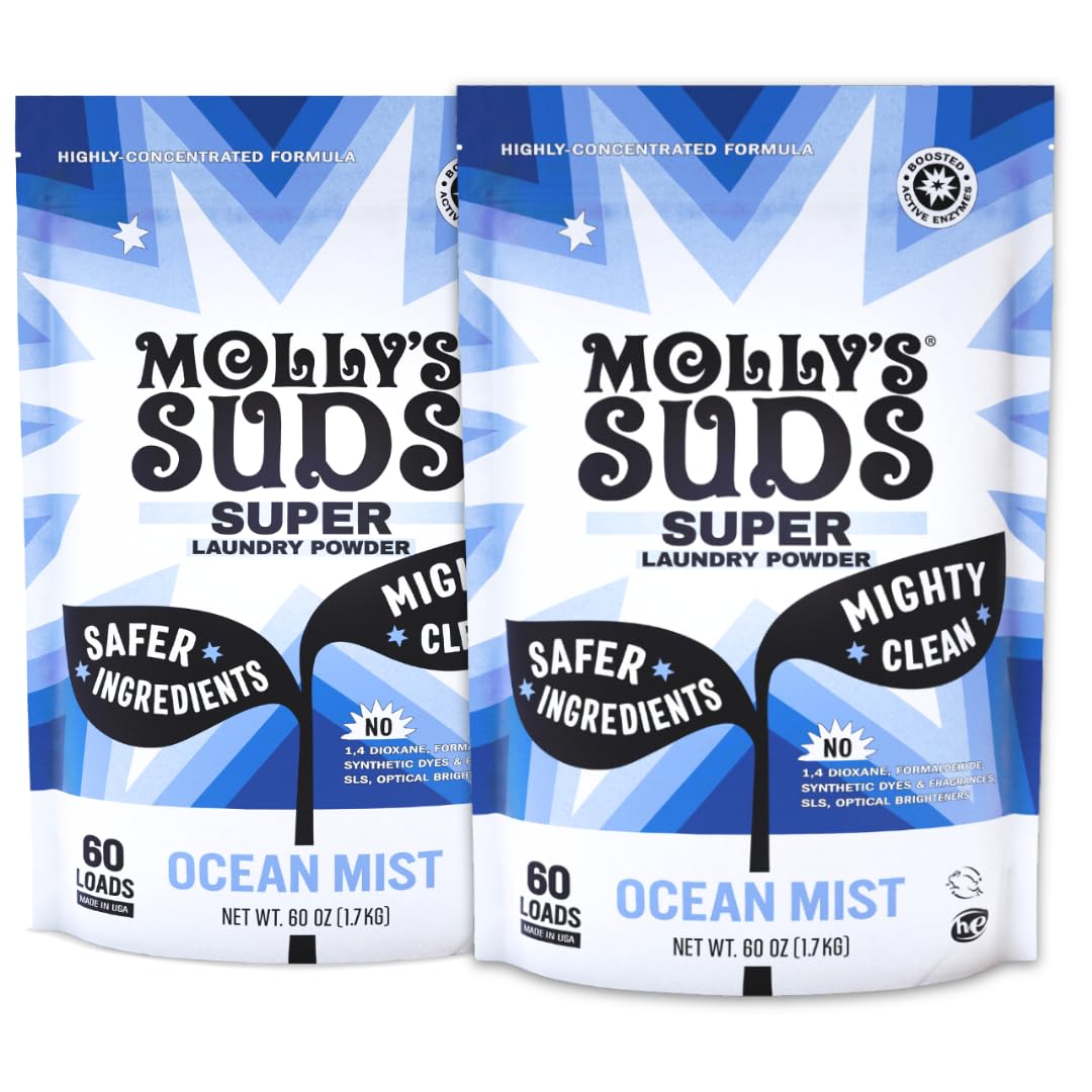 Molly's Suds Super Powder Detergent,Extra Strength Laundry Soap, Stain Fighting,Sensitive Skin,Simple, Effective Ingredients,Ocean Mist, 120 Loads Total (2 Pack)