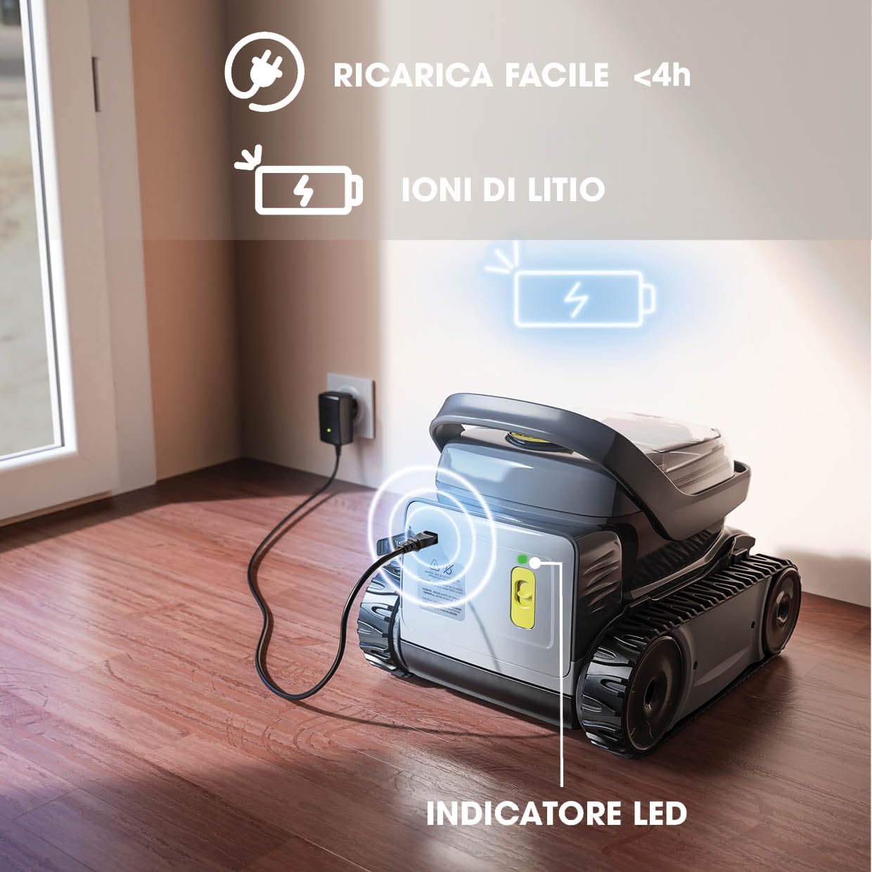 ZODIAC Pixel OP 32 robot elettrico senza fili, pulisce il fondo e le parenti, per piscine fino a 8x4m. Batteria al litio, filtrazione fine, spazzolatura, finestra transparente