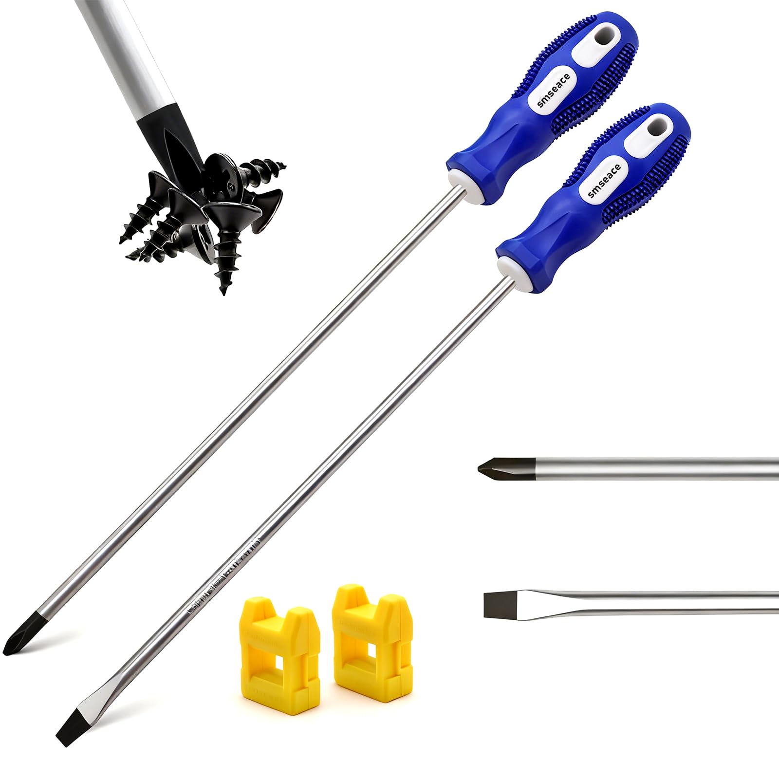 smseace 2-Pack 12-Inch Slotted & Phillips Screwdriver Set, Long Flat Blade & Cross-Head Design, Magnetic Extended Screwdriver With Rubber Handle