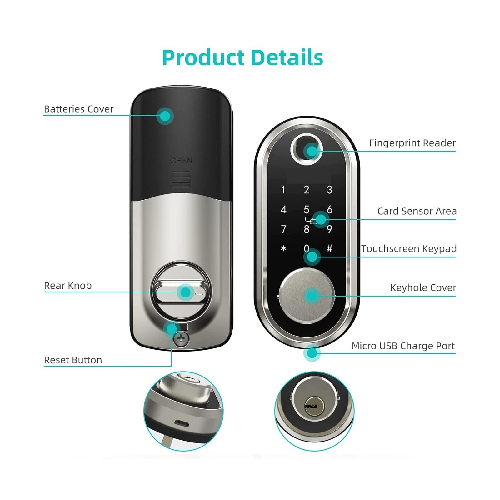Serratura for porta intelligente Serrature biometriche for impronte digitali Entrata senza chiave elettronica for con tastiera a cifre frontali for cassaforte for ufficio domestico(Noir)