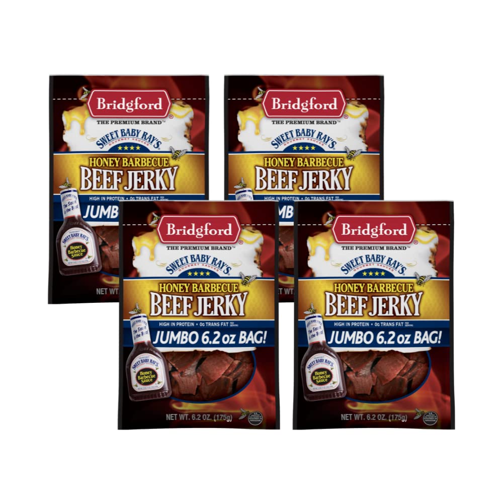 BridgfordSweet Baby Ray’s Beef Jerky Honey BBQ 6.2 oz Pack of 4 - High Protein Jerky for Midday Energy Boost or Post Workout Snack - Naturally Smoked Ready to Eat Meat Snacks for On the Go Snacking