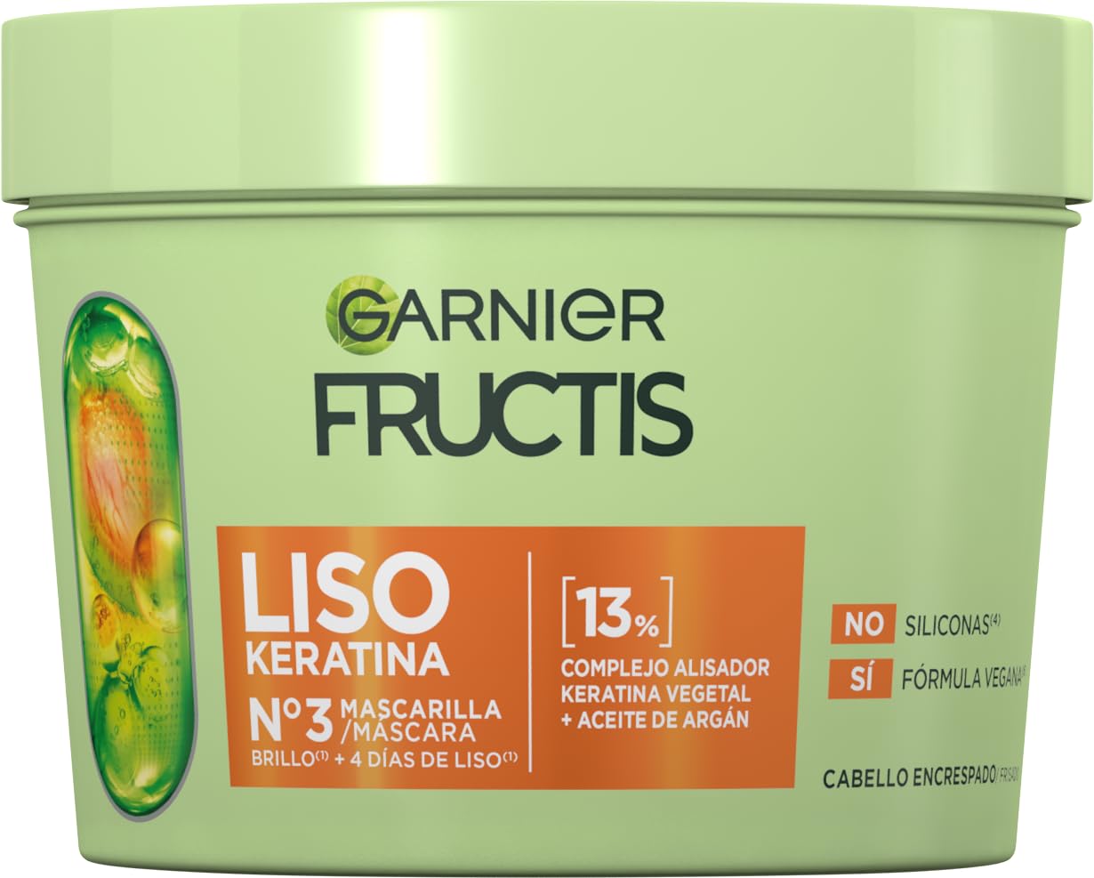 Garnier Fructis Rutina Liso Keratina para cabello encrespado: Champú + Acondicionador + Mascarilla + Sérum activado por calor Liso & Listo