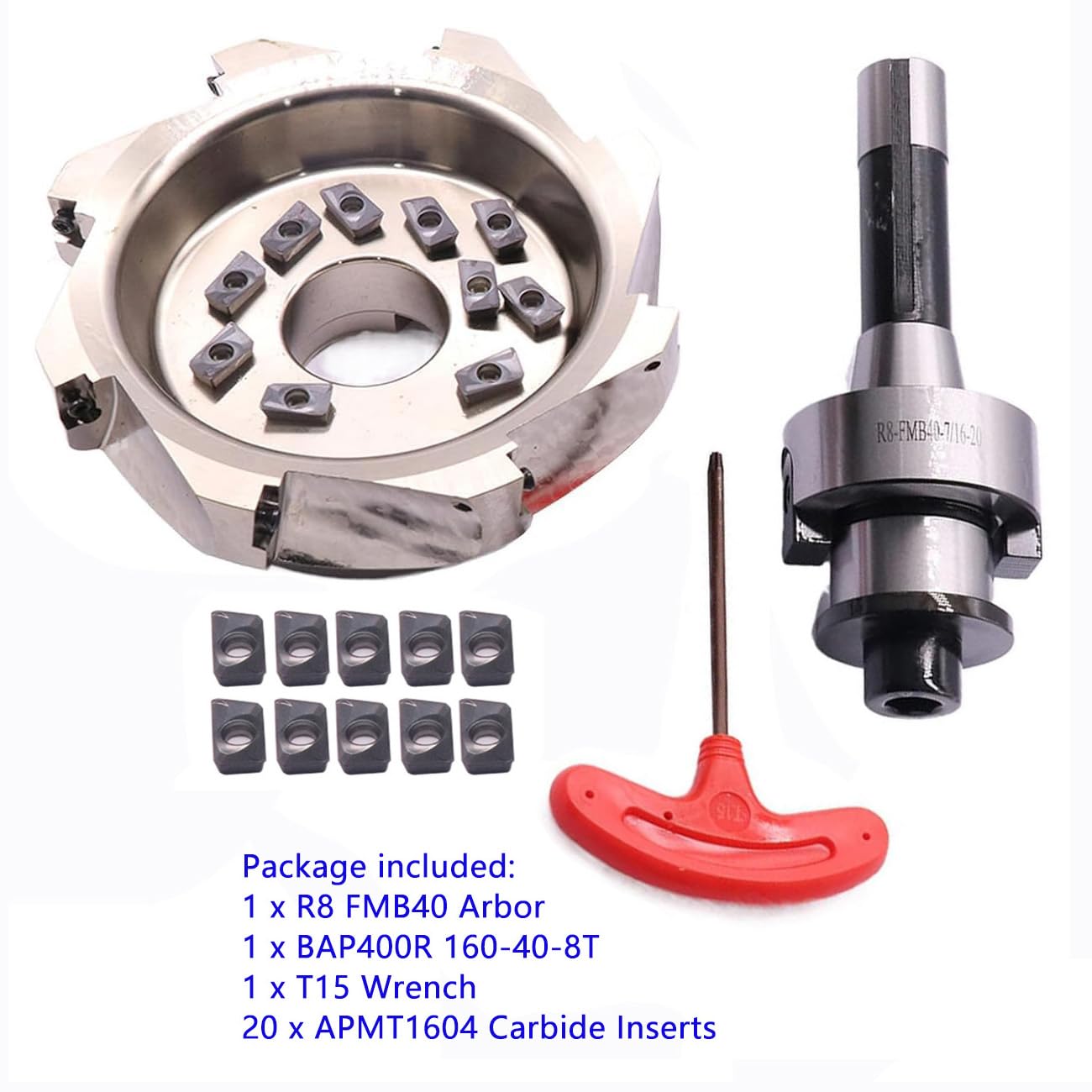 6.3"/160mm Cutting Diameter 90 Degree 8 Flute Indexable CNC Face End Mill Shell Cutter BAP400R 160-40-8T, Shank Face End Mill Arbor R8-FMB40 7/16-20 with 20Pcs APMT1604 Carbide Inserts and T15 Wrench
