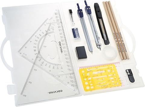 Geometry Set with Compasses,Box of Geometry Kit, Math Compass Set for Student Maths and Engineering Drafting,15 Pcs Clear