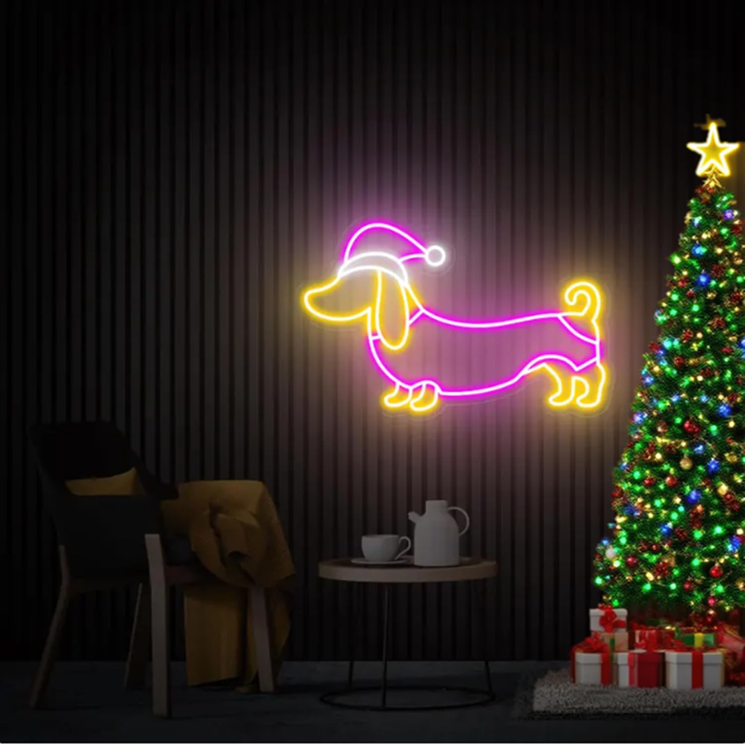 HFHungkeong Dachshund Neon Sign,Dimmable LED Dog with Santa Hat Sign,Neon Christmas Puppy Light Signs for Pet Shop Bedroom Wall Home Party Decor, Party Accessory, Gift for Dog Lover