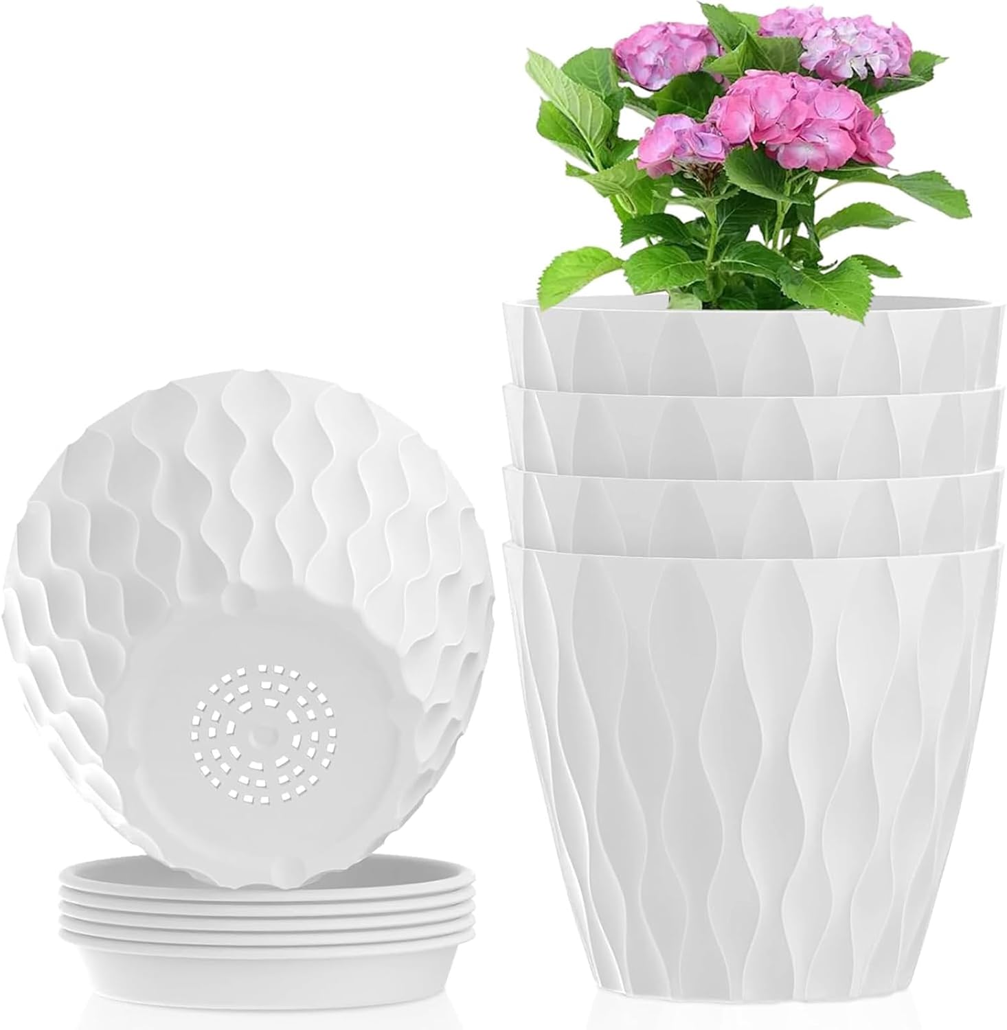 Modern Wave Design Plant Pots - 5 Pack Self Watering Planters for Succulents & Herbs | Water Ripple Effect with Drainage Holes & Saucers, Indoor Flower Pots for African Violets, Spider Plants