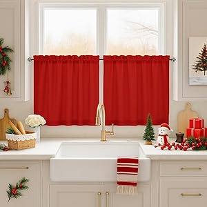 HOMEIDEAS Christmas Non-See-Through Red Privacy Sheer Kitchen Curtains, 30 X 24 Inches Long 2 Panels Short Sheer Curtains Light Filtering Bathroom Window Drapes for Bedroom Living Room