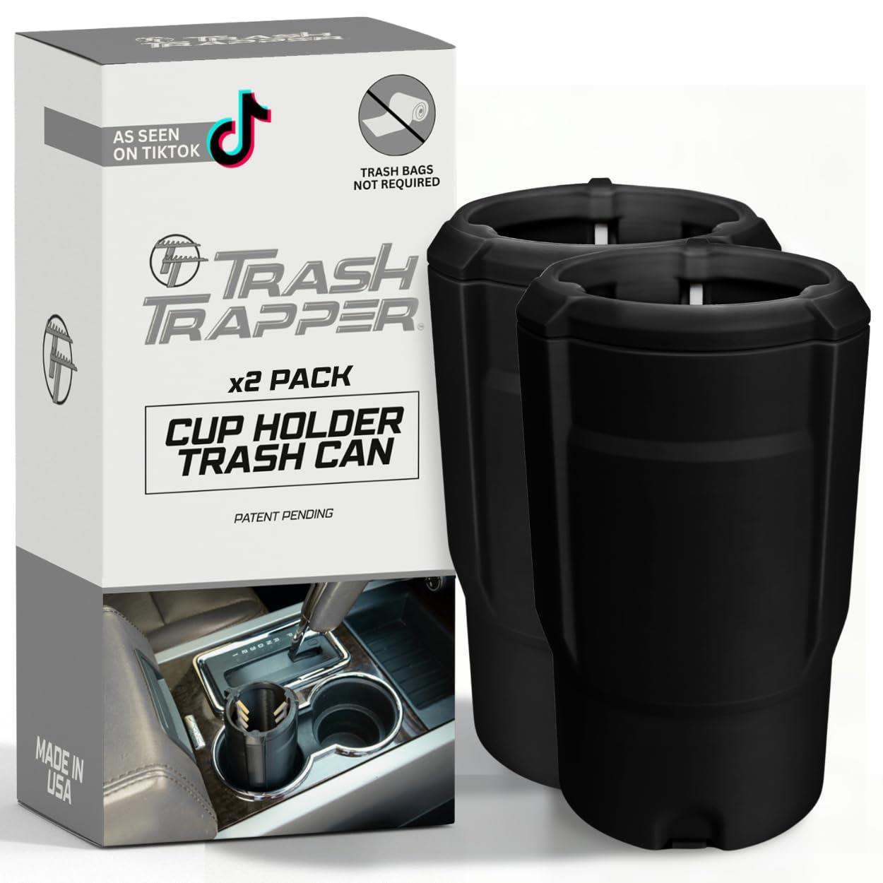 Trash Trapper Mini Car Trash Container – Frees Your Cupholder, Traps More & Empties Less with Patent-Pending Compaction, Holds Weeks of Small Trash, Portable for Car & Travel, Black/Grey, 2-Pack