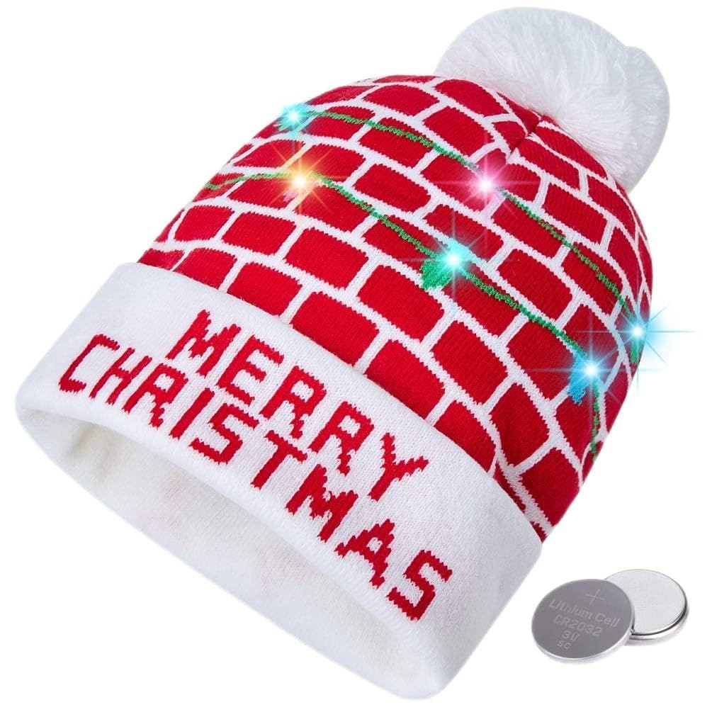 Unisex Ugly LED Christmas Hat Novelty Colorful Lights Up Xmas Beanie Caps 3D Printed Knitted Hats for Holiday Party