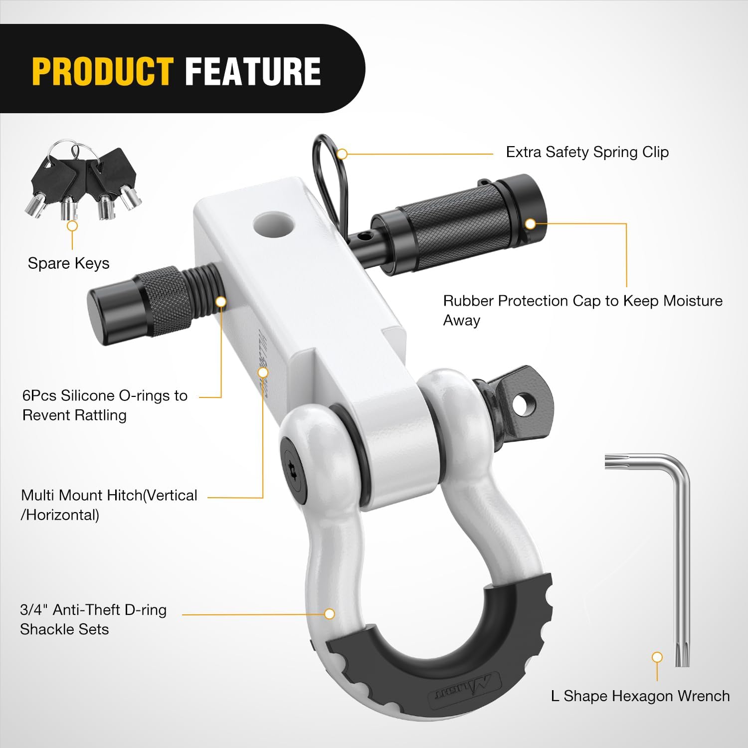 Nilight Anti-Theft Shackle Hitch Receiver 2Inch 45000 LBs Breaking Strength 3/4" Anti-Theft D Ring Shackle 5/8" Trailer Hitch Lock Pin Heavy Duty Solid Towing Kit for Trucks Off Road (White)