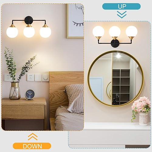Miniatura 5 de Lámparas de baño, luces de tocador de baño de oro negro sobre el espejo, moderno aplique de pared de granja, iluminación de 3 luces con pantallas de