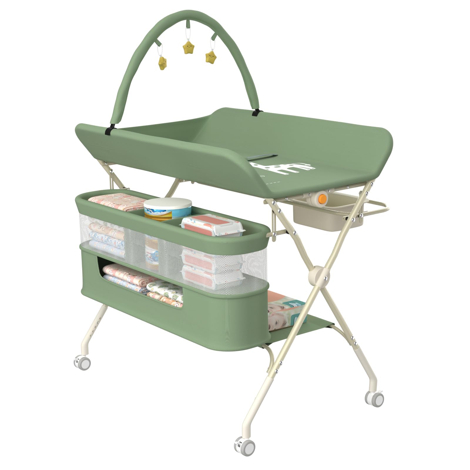 HUOLE 3 in 1 Wickeltisch klappbar, Mobile Wickelkommode mit Rollen, Wickelstation höhenverstellbar, tragbare Wickelauflage bis 25 kg Belastbar,75 x 68 x 83–91 cm (B) Grün