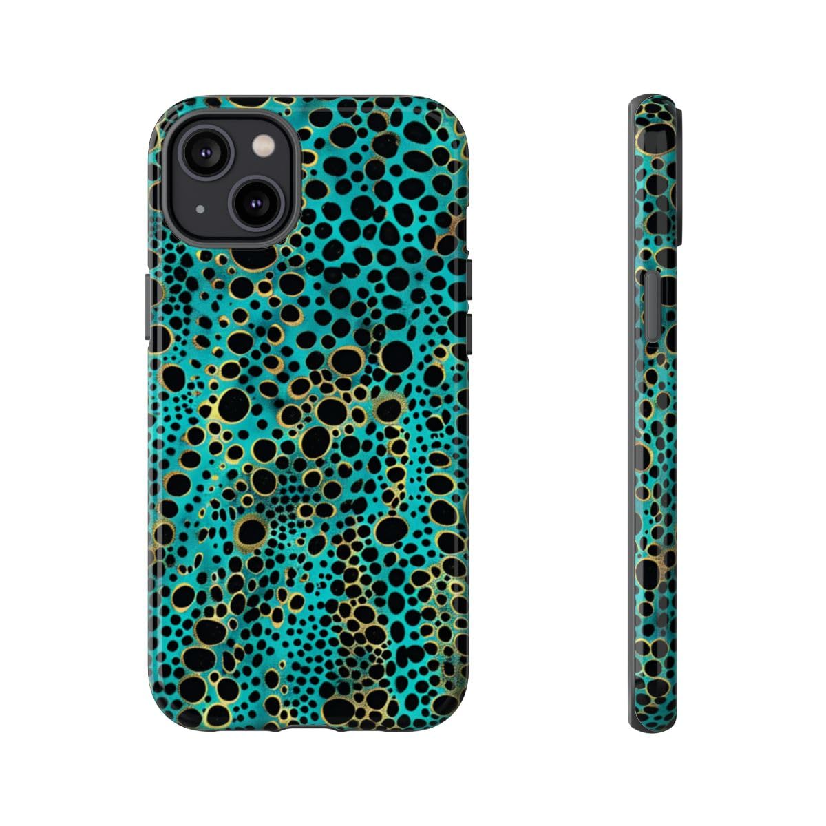 Coque iPhone 14 Plus motif à pois abstraits turquoise rigide antichoc - 5