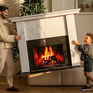Mobile Fireplace Prop in a Marble Finish - DIY 3D Puzzle Cardboard Kit - Freestanding Surround with Mantel - Frame fits 24 inch TV