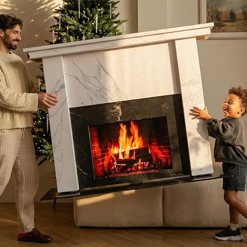 Mobile Fireplace Prop in a Marble Finish - DIY 3D Puzzle Cardboard Kit - Freestanding Surround with Mantel - Frame fits 24 inch TV