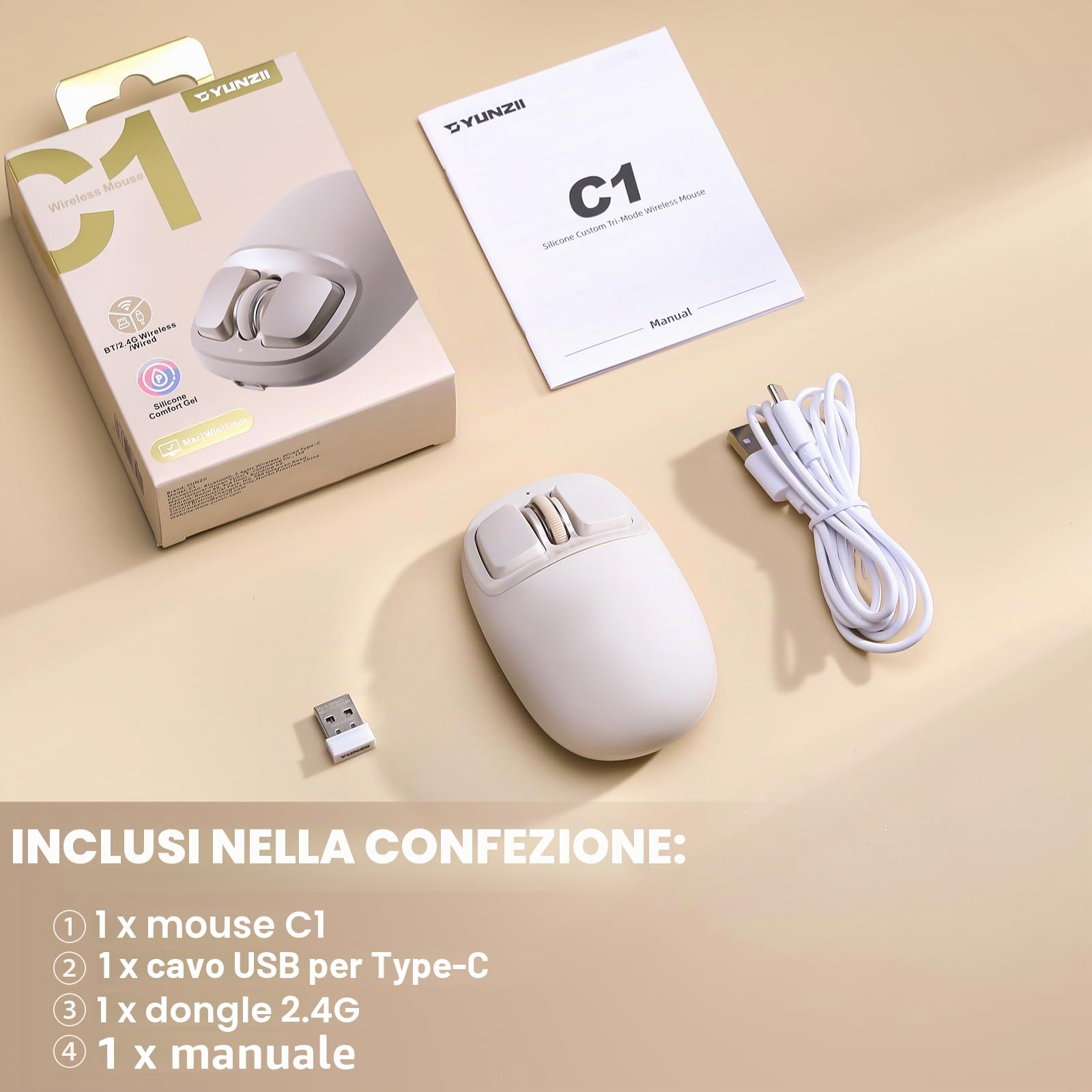 YUNZII C1 Mouse Wireless Silicone Senza Fili (Beige) | 6 Livelli Fino a 4800 DPI, Tri-Mode 2.4G/Bluetooth/Type-C, 500 mAh, Tracciamento Ottico, Mouse per Laptop, Mac, iPad, PC