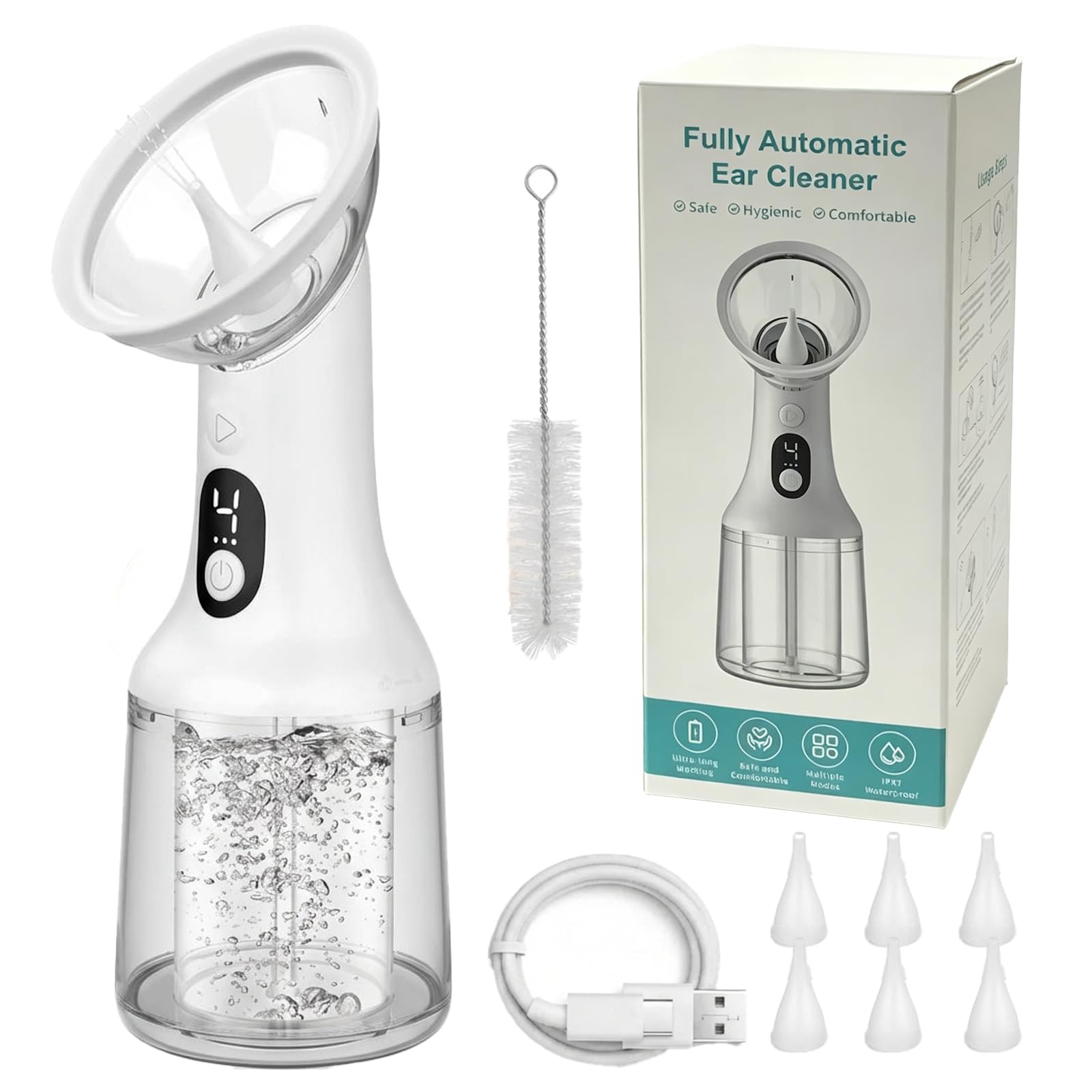Ear Cleaner, Water Ear Cleaner, Waxy Electric Ear Cleaning Irrigator with 4 Pressure Modes & LED Display, Electric Automatic Ear Cleaner for Safe Ear Cleaning at Home