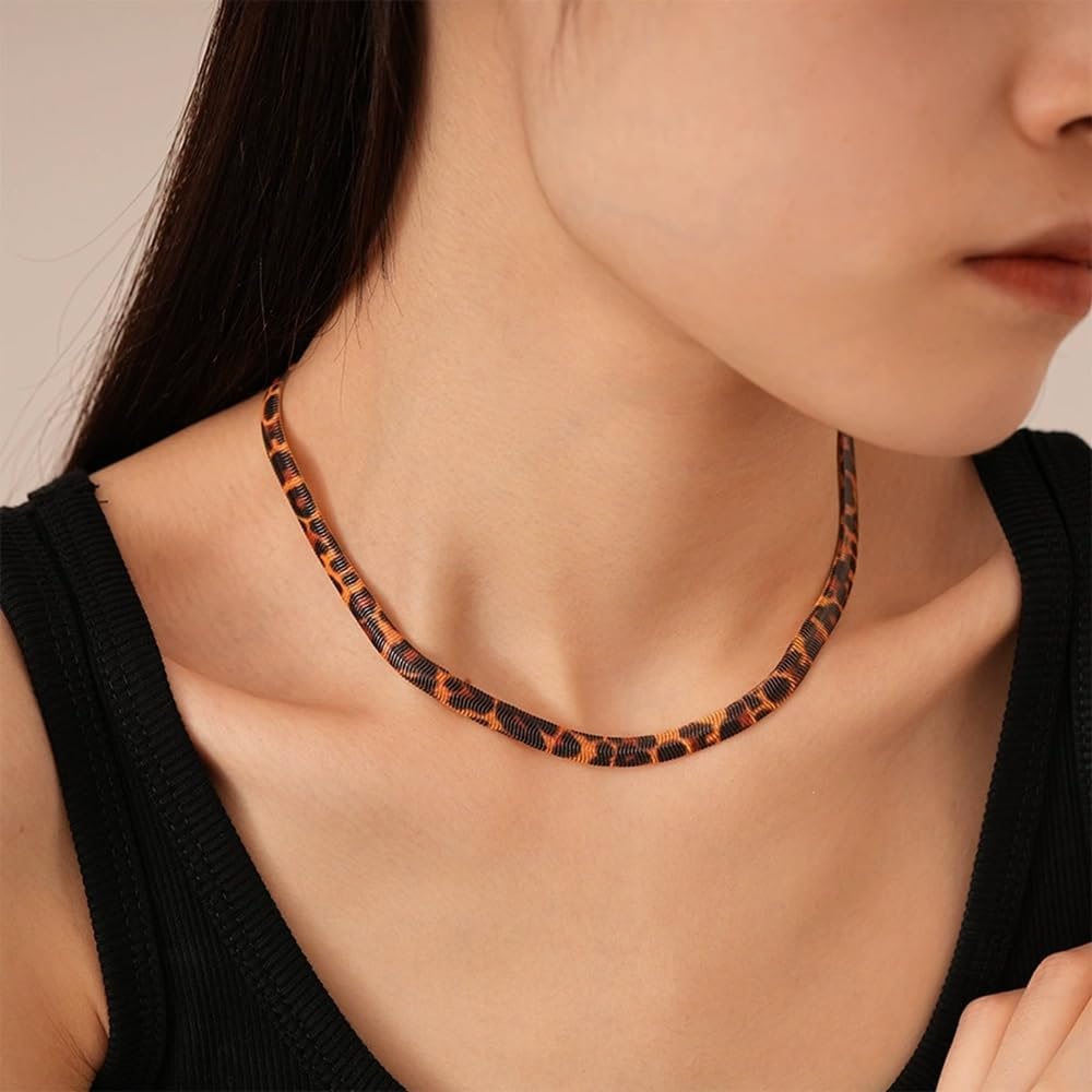 Chunky Leopard Print Choker Necklace for Wome Exaggerated Snake Chain Statement Necklaces Punk Flat Herringbone Snake Chain Fashion Jewelry Gifts - Image 7