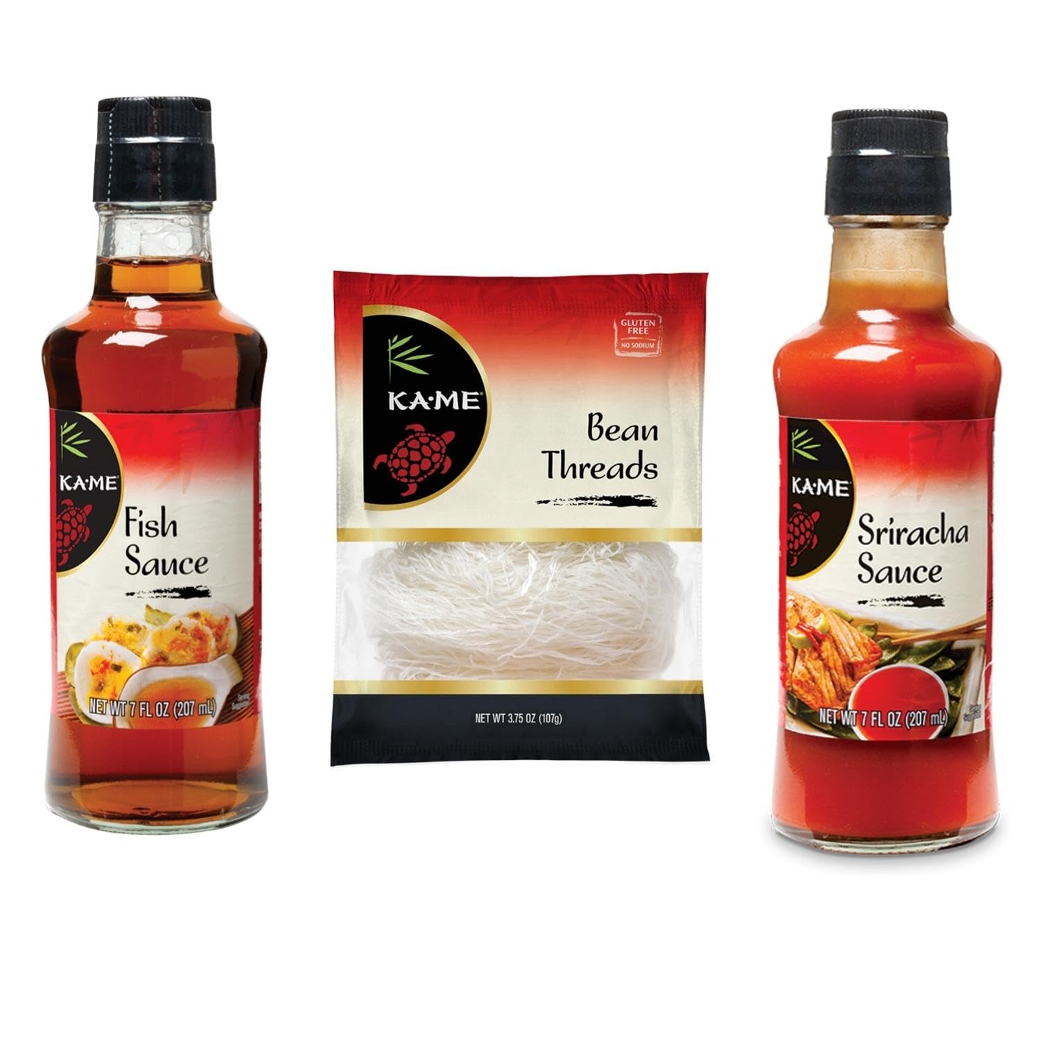 KA-ME Traditional Bean Thread Cuisine - Cellophane Noodles (3.75oz) Sriracha Sauce (7 fl oz), Fish Sauce (7 fl oz) - Bold Flavors With a Burst of Southeast Asian Seasonings