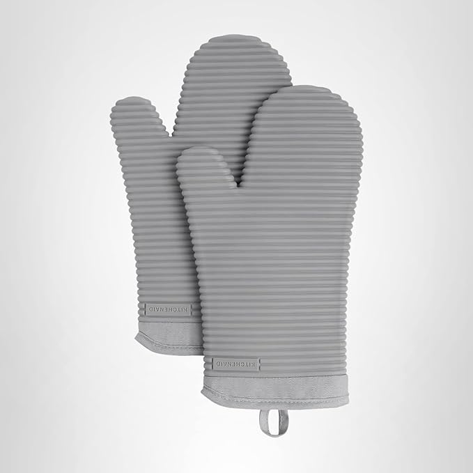 KITCHENAID Ribbed Soft Silicone Oven Mitt 2-Pack Set, 7.5"x13", Grey