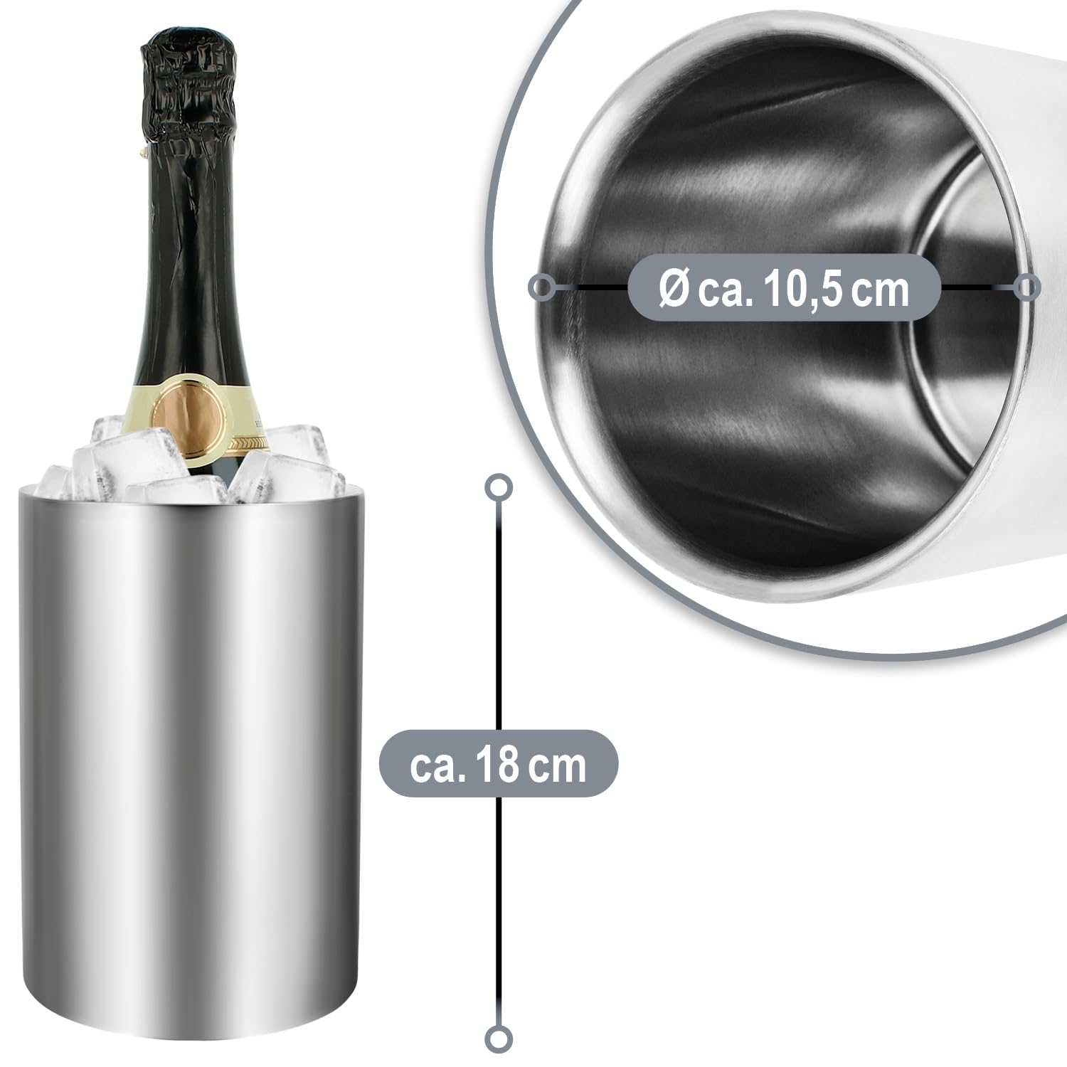 com-four® 6x Flaschenkühler - Sektkühler in matt - Eiswürfelkübel aus Edelstahl - doppelwandiger Weinkühler - Eiswürfelkühler mit 10,5 cm Innendurchmesser (6 Stück - silberfarben/matt)