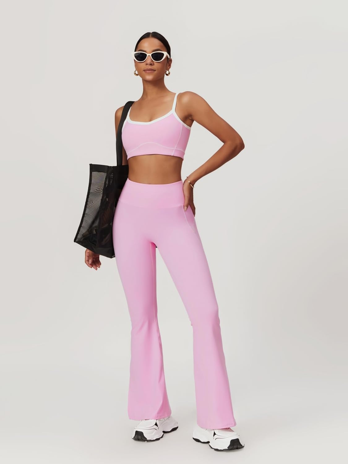 ABOCIW Workout Sets for Women 2 Piece Contrast Piping Sports Bra High Wasit Split hem Flared Leggings - Image 4