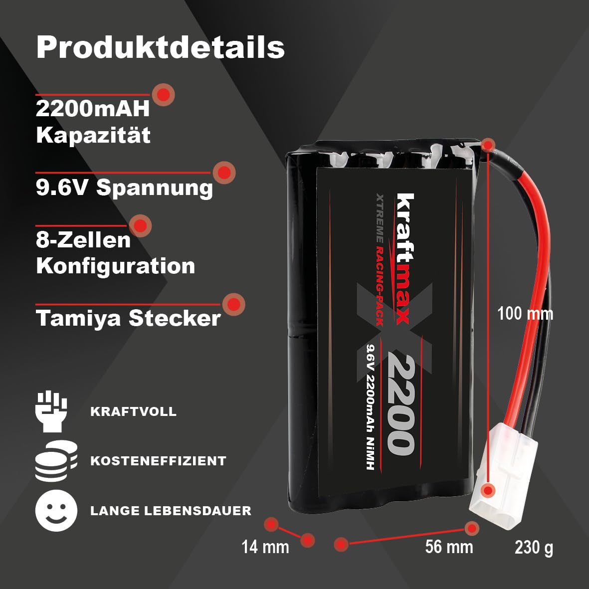 Kraftmax Recargable RC Racing-Pack con Tamiya Enchufe (9.6V, 2200mAh (mínimo 2000 mAh) NiMH)