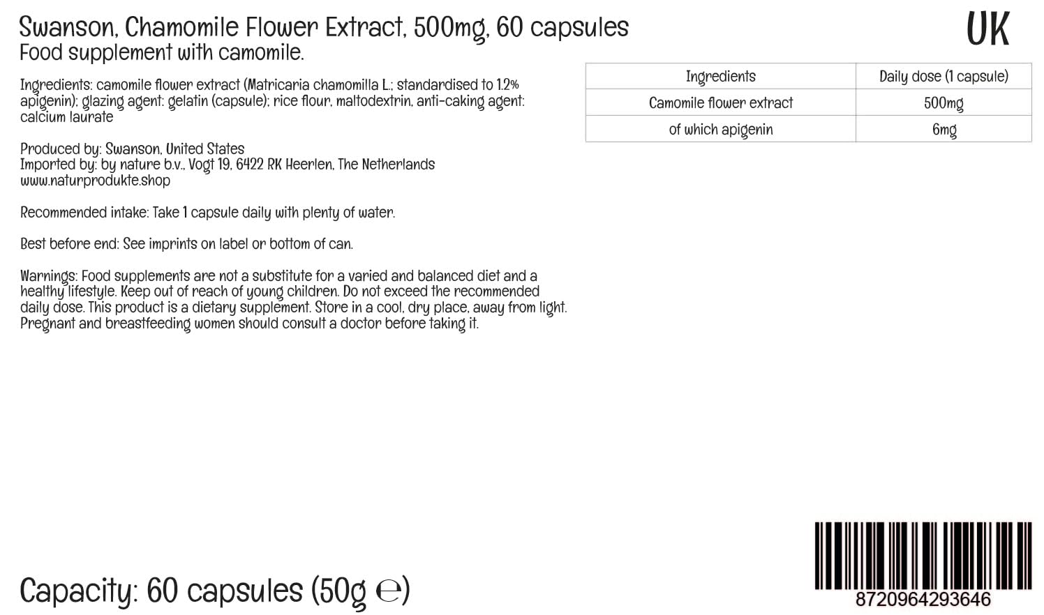 Swanson, Chamomille Flower Extract (Extracto de Flor de Manzanilla), 500mg, Alta Dosificación, 60 Cápsulas, Testado en Laboratorio, Sin Soja, Sin Gluten, No GMO