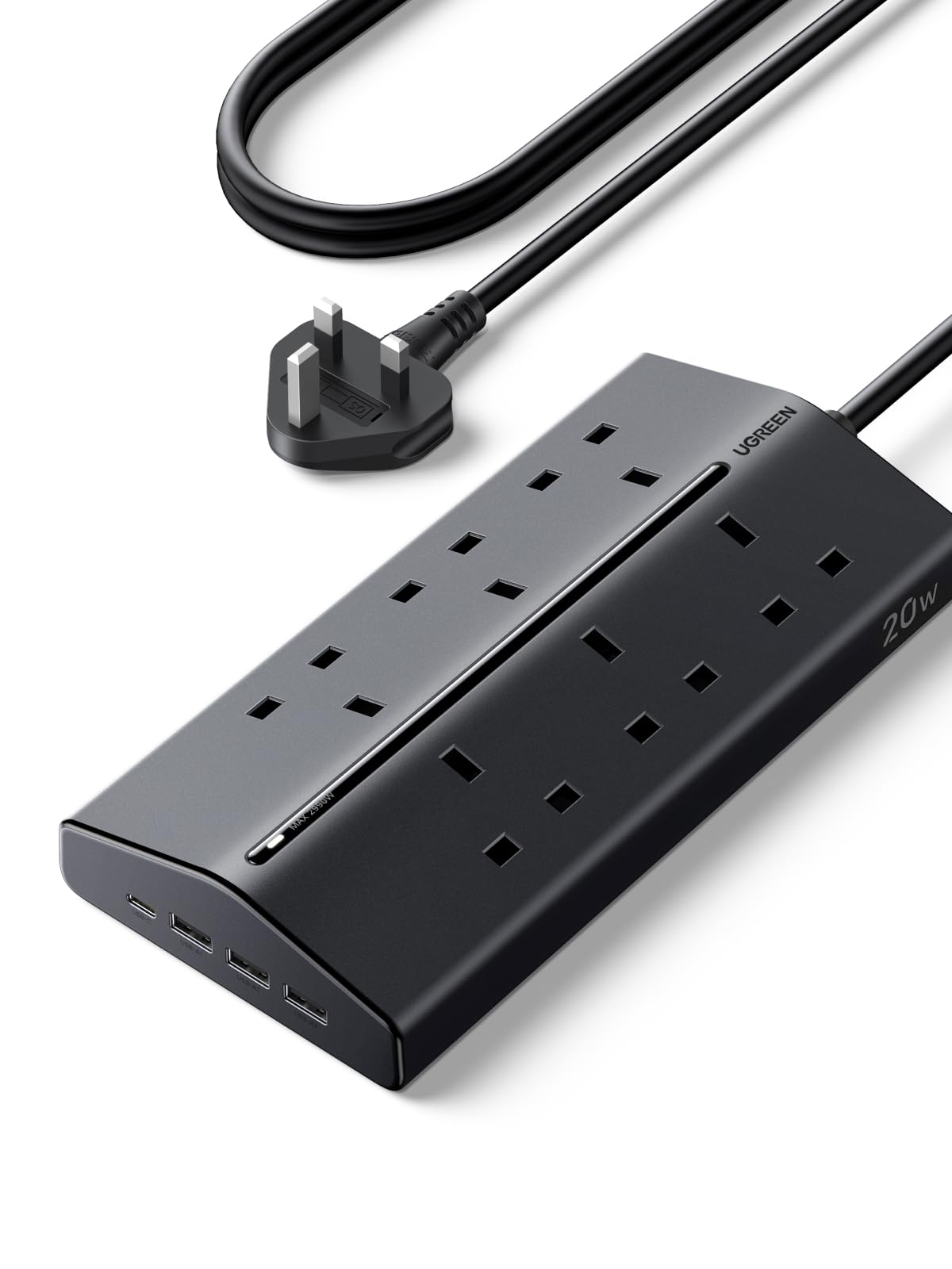 UGREEN Extension Lead 1.5M, 6 Way Power Strip with 2 USB-A & 2 USB-C
