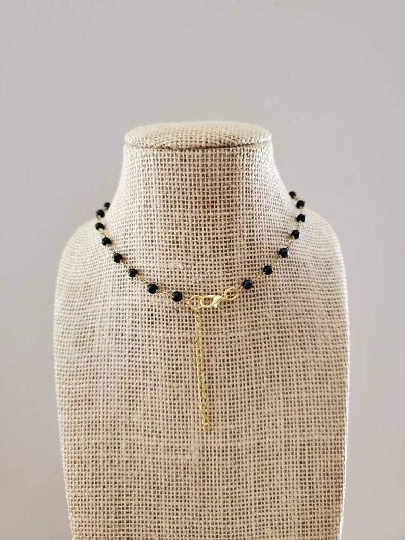 Gold Crescent Horn Necklace Choker Black Agate Stone Rosary Chain Gift For Her
