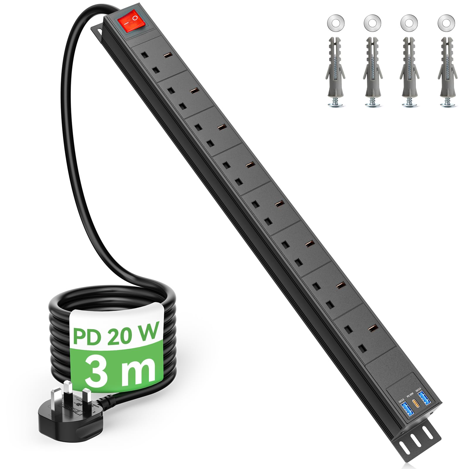 3m Cable 8 Way Power Strip Surge Protector, 8 Way Extension Lead USB C PD20W with Switches, Wall Mount Power Strip with Metal Casing for Home Office Industrial Use, Black, 13A