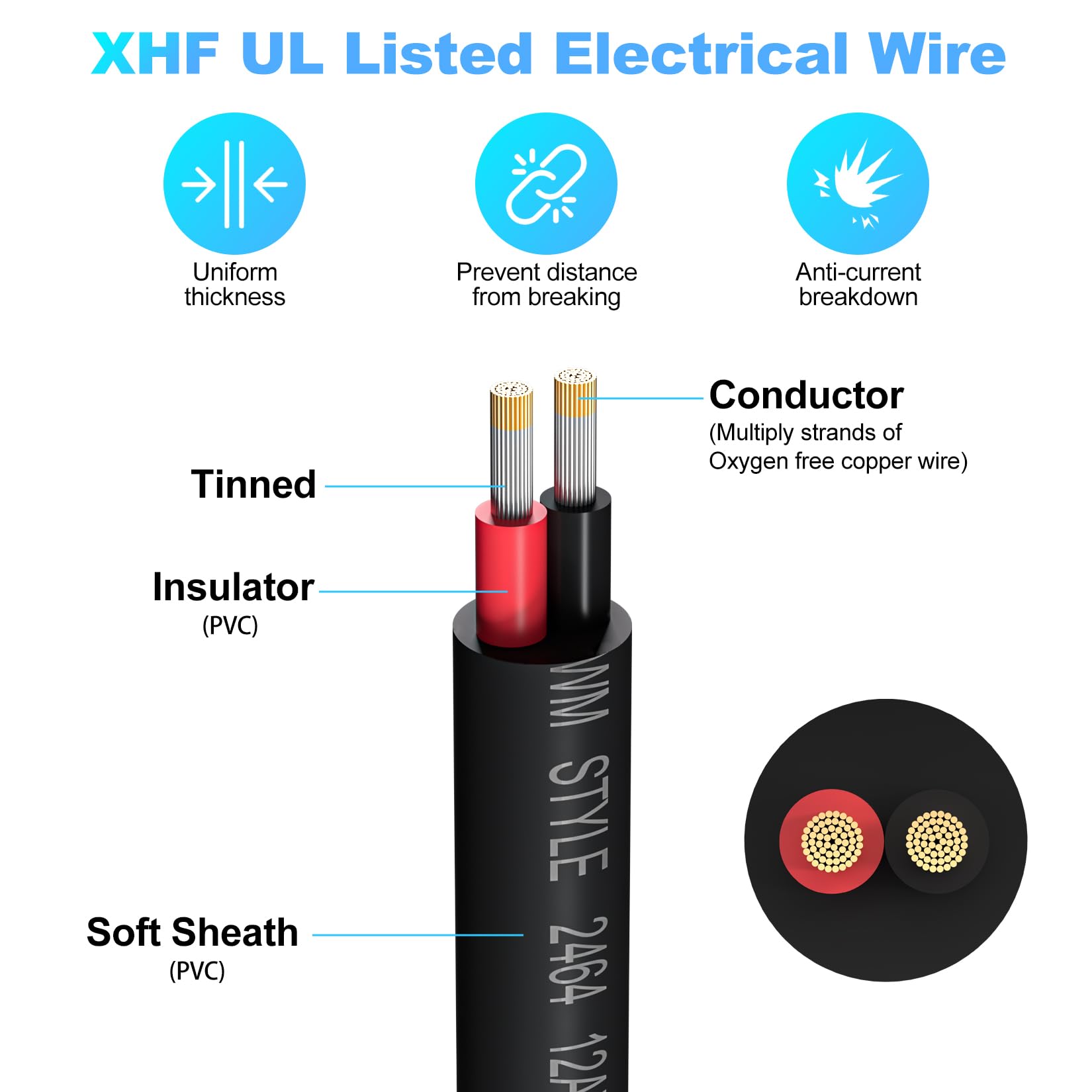 XHF Cable eléctrico de calibre 16 con certificación UL, 2 conductores, cable eléctrico de cobre estañado trenzado de PVC para cable de lámpara automotriz 16/2, cable marino RV de 200 pies