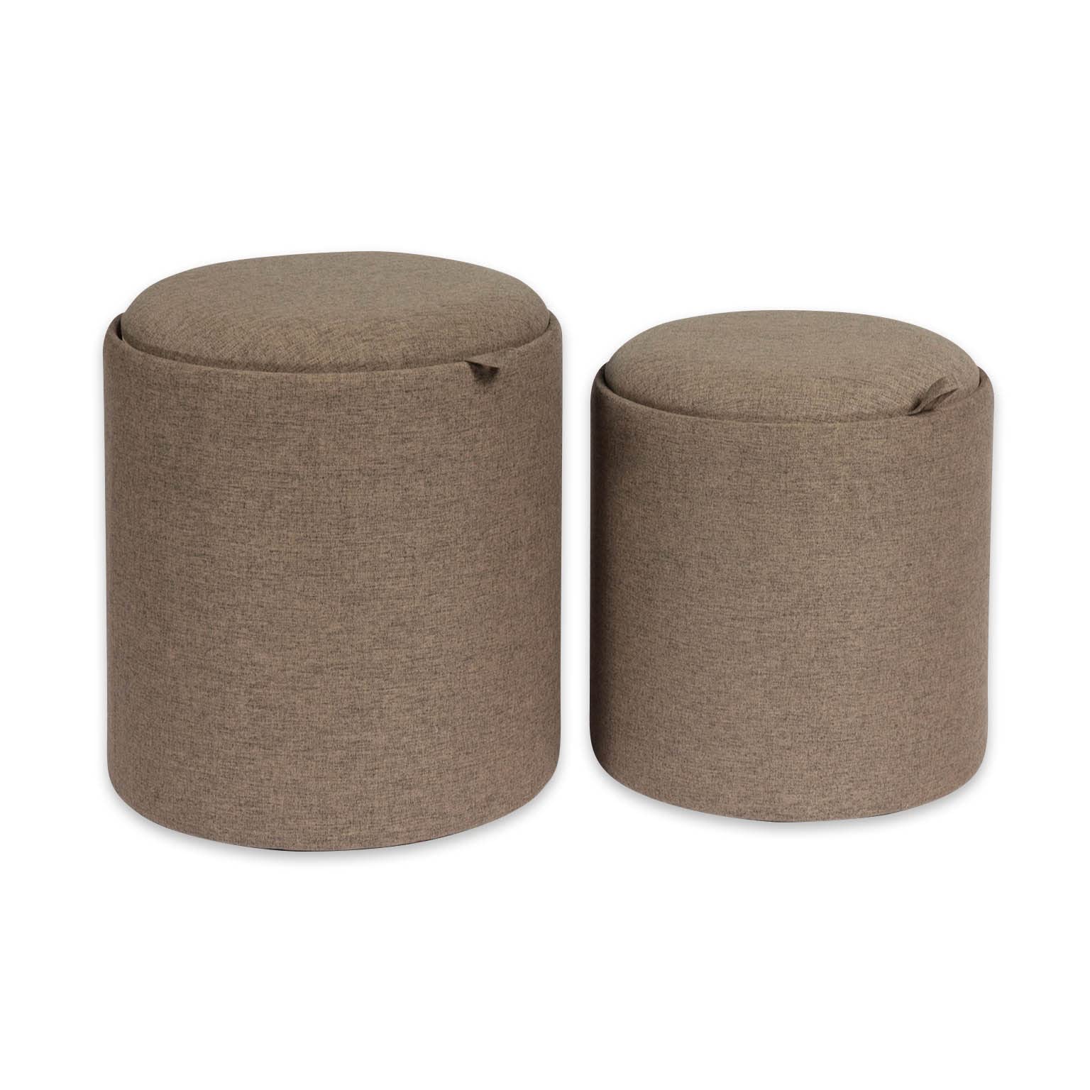 Versa Bangalore Taburete Puff Redondo Reposapiés para el salón o el Dormitorio, Set de 2, con Espacio de almacenaje, Medidas (Al x L x An) 44 x 39 x 39 cm, Algodón y Madera, Color Marrón