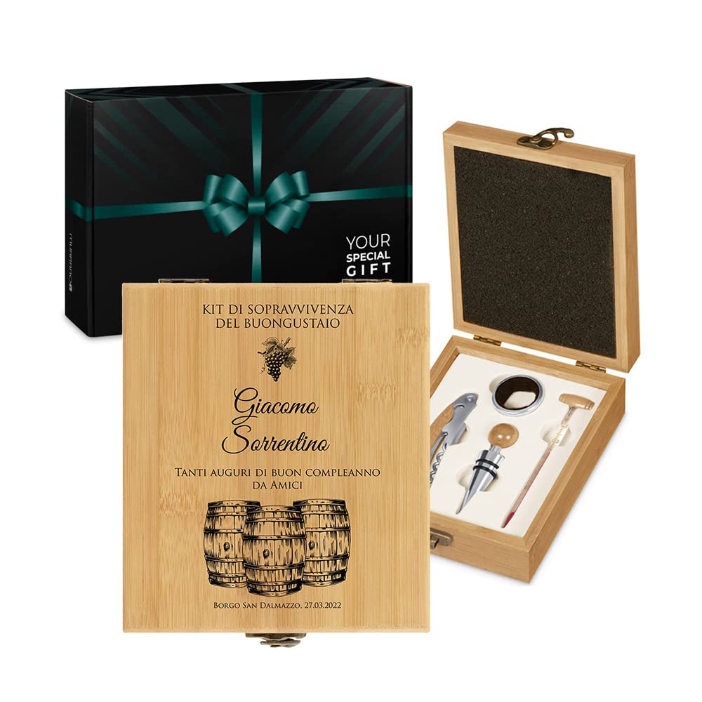 Maverton Set Cavatappi da Vino - Kit da Sommelier Degustazione Perfetta Personalizzato - Scatola in Legno di bambù + 4 Pezzi di Accessori Vino - Regalo Uomo - Regalo di Natale - Kit di buongustaio