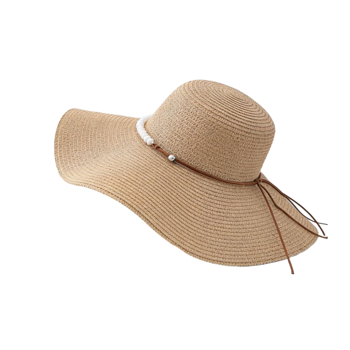 ZBELLO Women Foldable Floppy Wide Brim Straw Sun Hat Travel Packable Adjustable Summer Pearl Chain Beach Accessories Hat UV for Travel Decoration Vacation (Khaki,1)