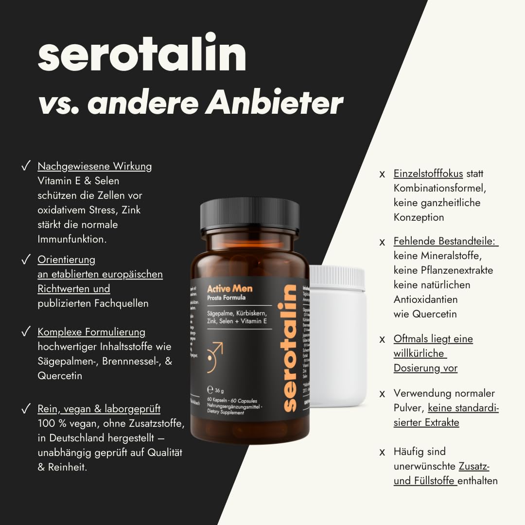 serotalin Active Men Prosta Formula - Prostata Komplex Kapseln für Männer – Mit Sägepalme, Kürbiskernextrakt & Brennnesselblätter - Vegan & Made in Germany - 60 Stück