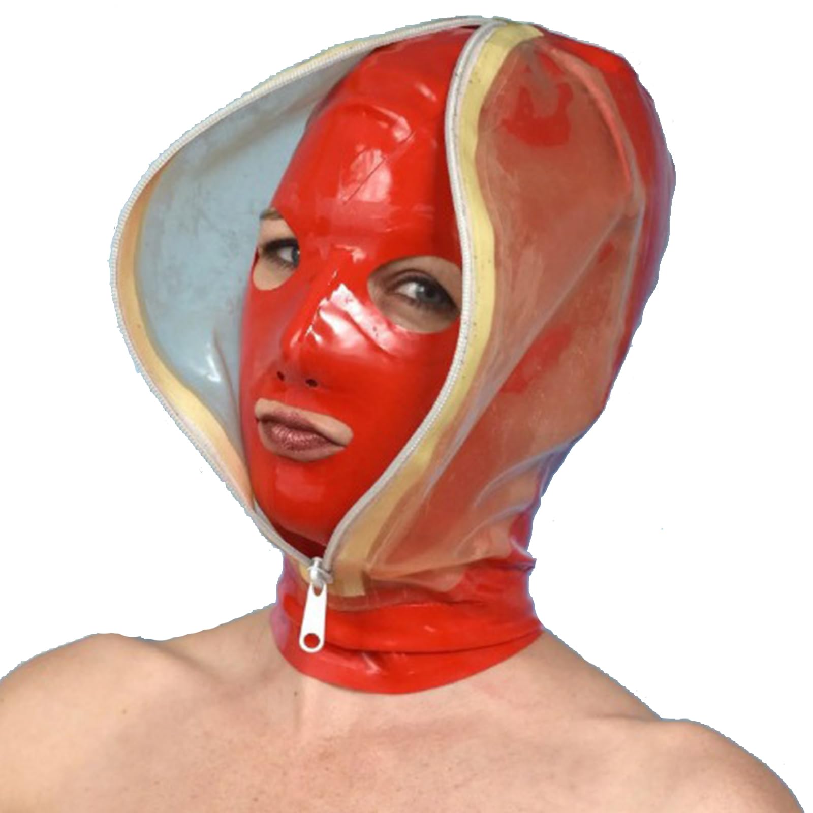 DSPENGS Latex Hood Mask BDSM Riding Mask Back Zipper for Party Club Wear Unisex Halloween Exposed Eyes and Mouth(Size:XS-60CM)