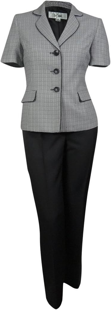 Le Suit Women's Contrast Piped Short Sleeve Jacket and Pant Suit Set