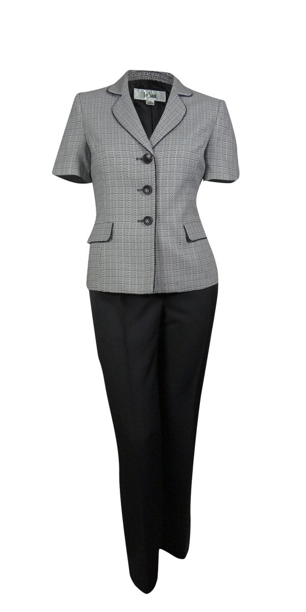 Le Suit Women's Contrast Piped Short Sleeve Jacket and Pant Suit Set