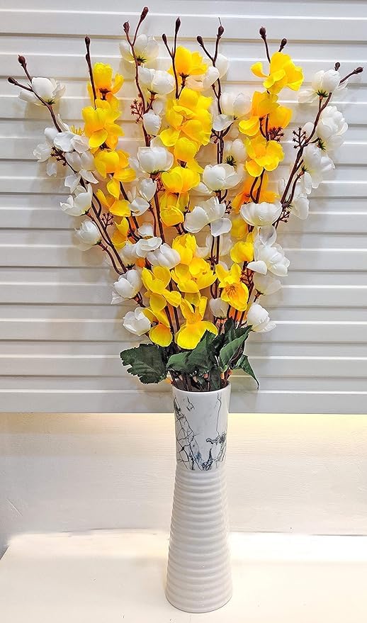 Image of Coolkart Artificial Orchid Flowers, White & Yellow, Set of 2 Bunch | 14 Sticks, Home Garden Indoor /Outdoor Decoration, Made in India