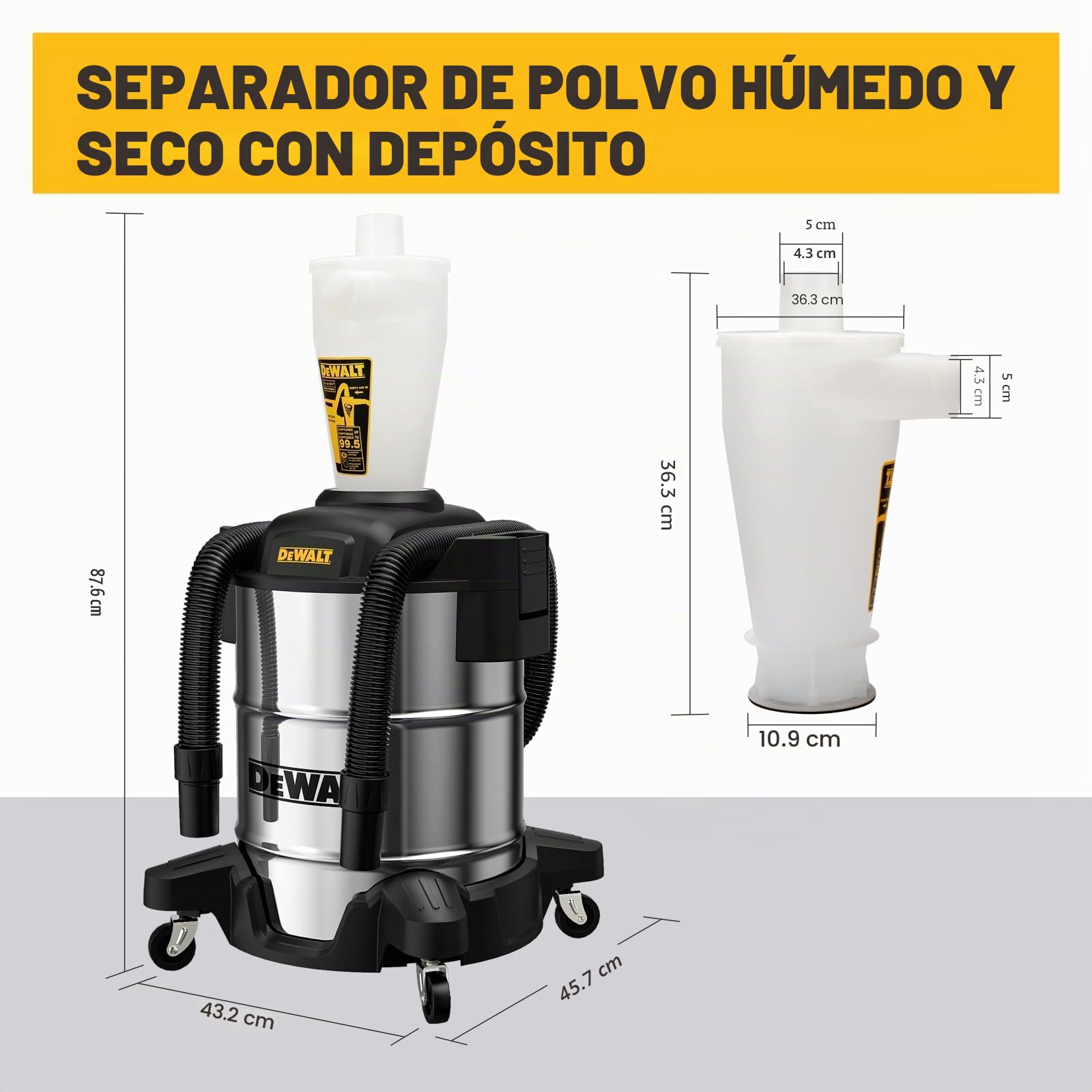 Dewalt Separador con tanque de acero inoxidable 10 galas, 99.5% eficiencia, filtro de polvo de ciclo de alto rendimiento, colector de ciclón de polvo, DXVCS003, blanco