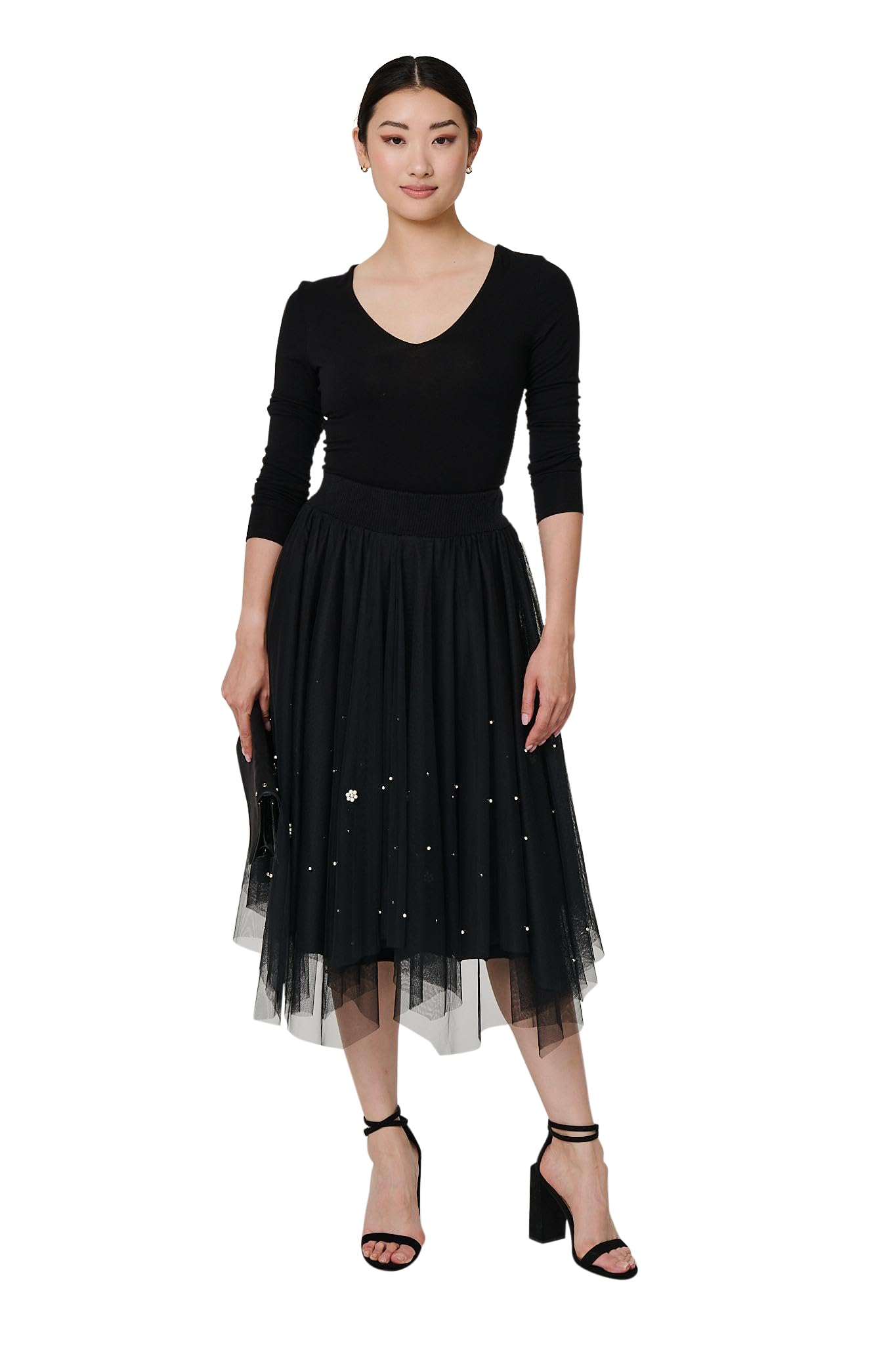 Izabel London Women's Black Reversible Hanky Hem Mesh & Knit Midi Skirt In Size 10