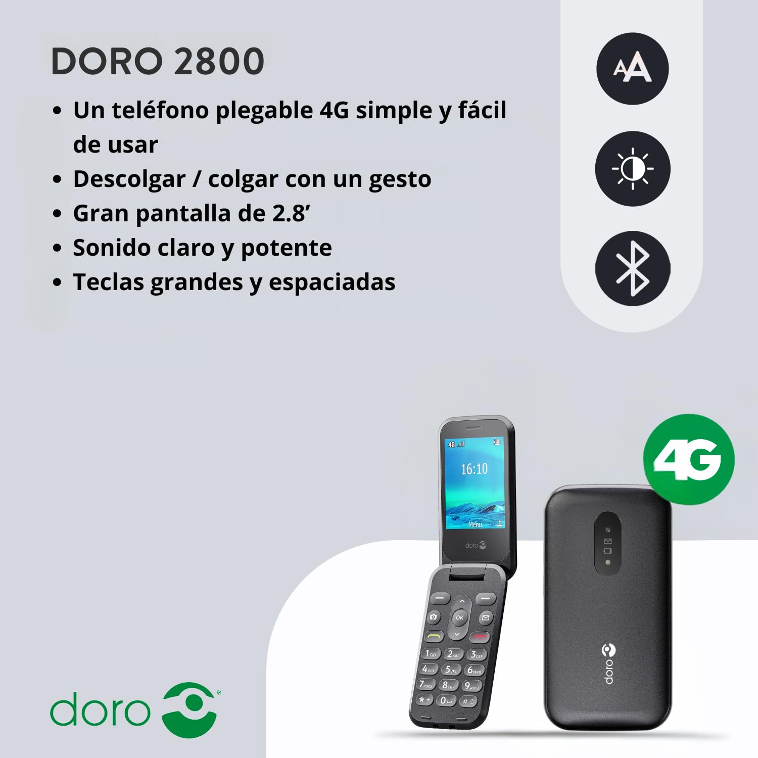 Doro 2800 4G - Teléfono móvil con Tapa desbloqueada para Personas Mayores - Teclas parlantes Grandes - Tecla de Asistencia - Teléfono móvil básico sin Internet [Versión en español]