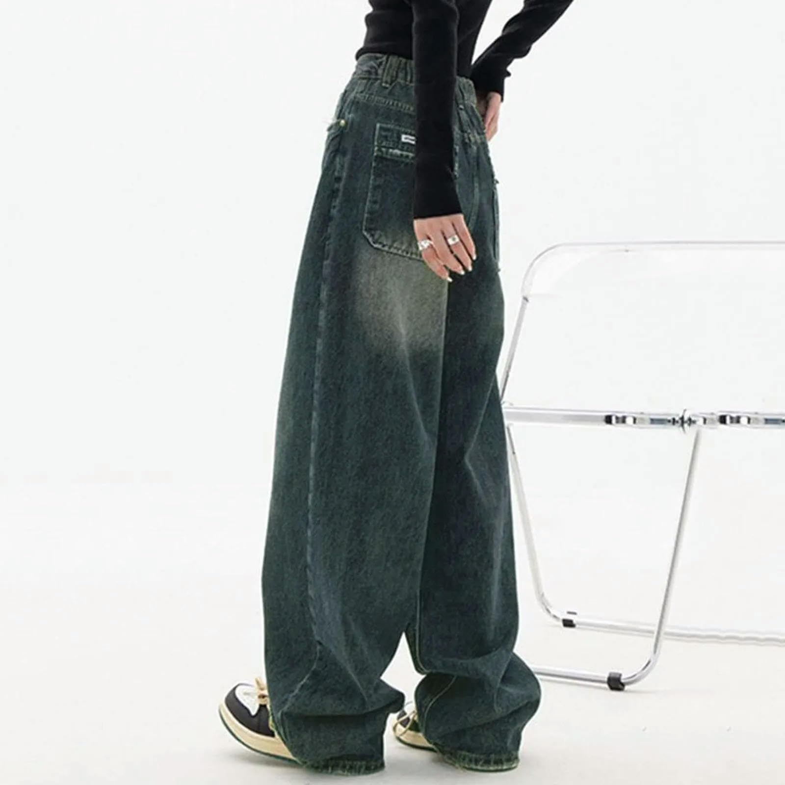 Pantalones De Mezclilla De Talle Alto De Moda Bolsillos De Calle Alta Pantalones De Mezclilla De Pierna Ancha Pantalones Vaqueros Holgados De Mujer-Azul-XXXL