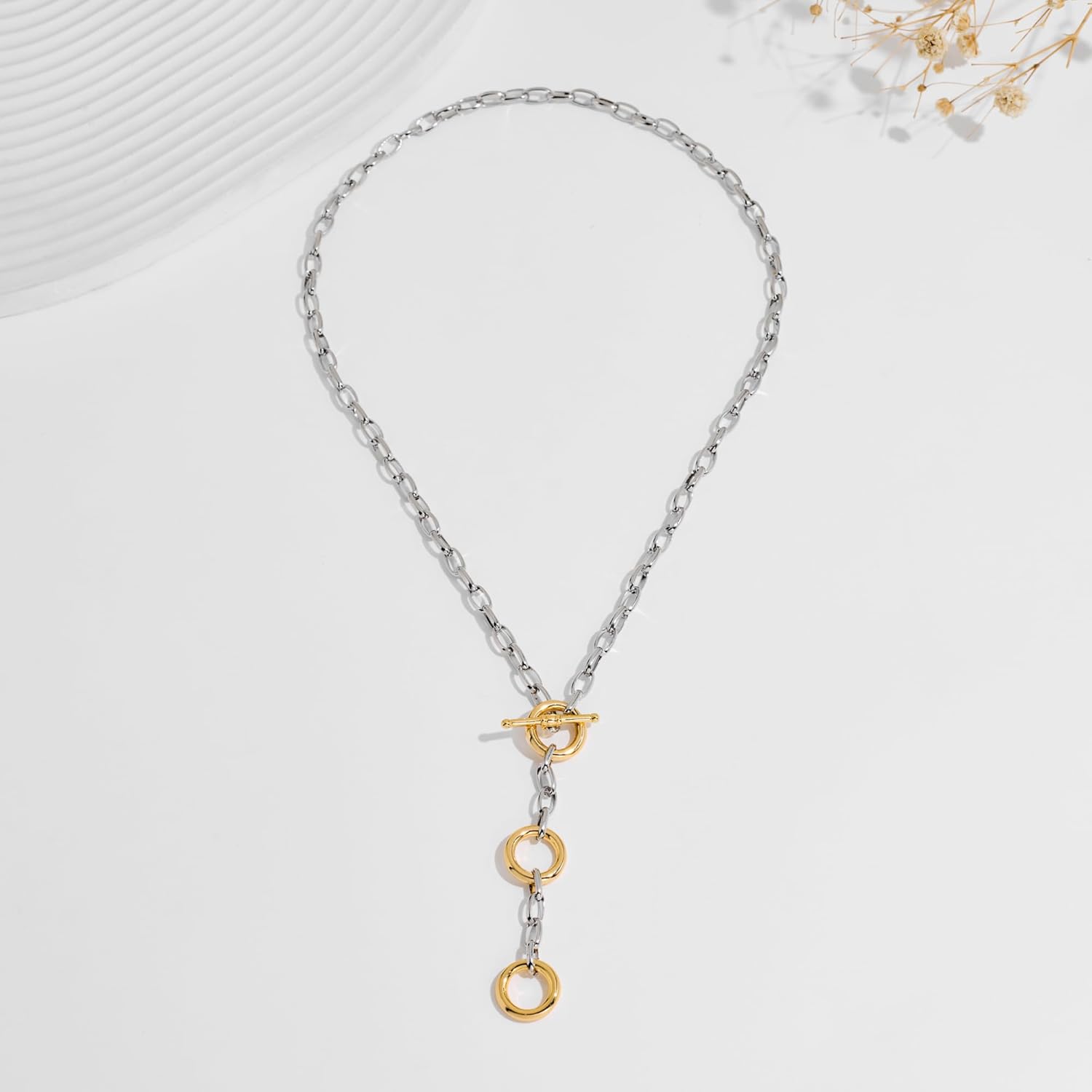 Two Tone Chain Necklace for Women, Gold and Silver Tube Link Fashion Jewelry - Image 4