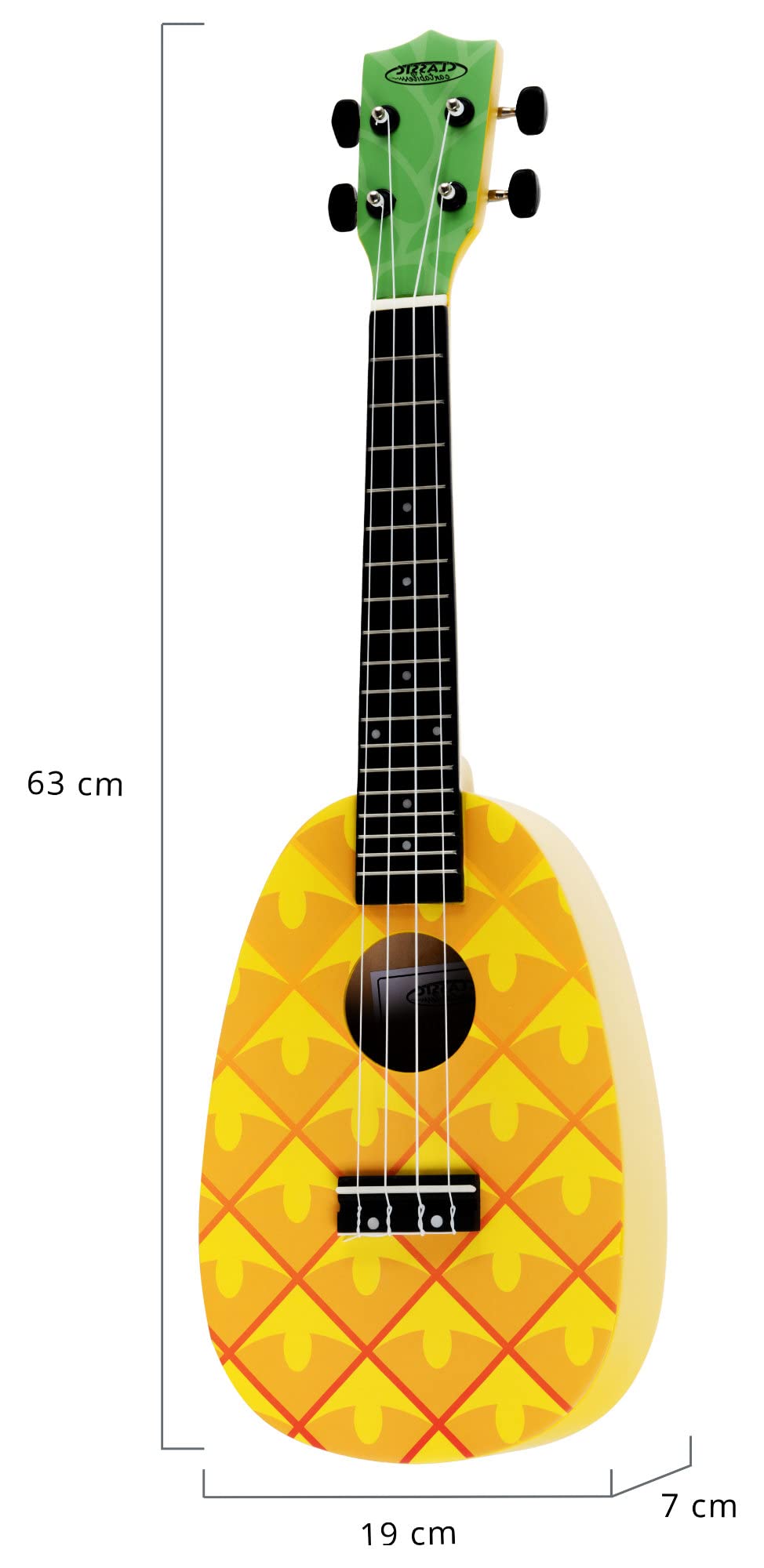 Classic Cantabile UC-240A ANA Ukulele Concerto 24" Pineapple, 18 tasti, mensola 38 cm, corde nylon, design ananas con stampa artistica, paletta verde, custodia imbottita inclusa, giallo.