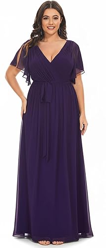 Ever-Pretty Plus Vestido de dama de honor formal de manga corta de gasa con cuello en V y cintura imperio hasta el suelo, talla grande