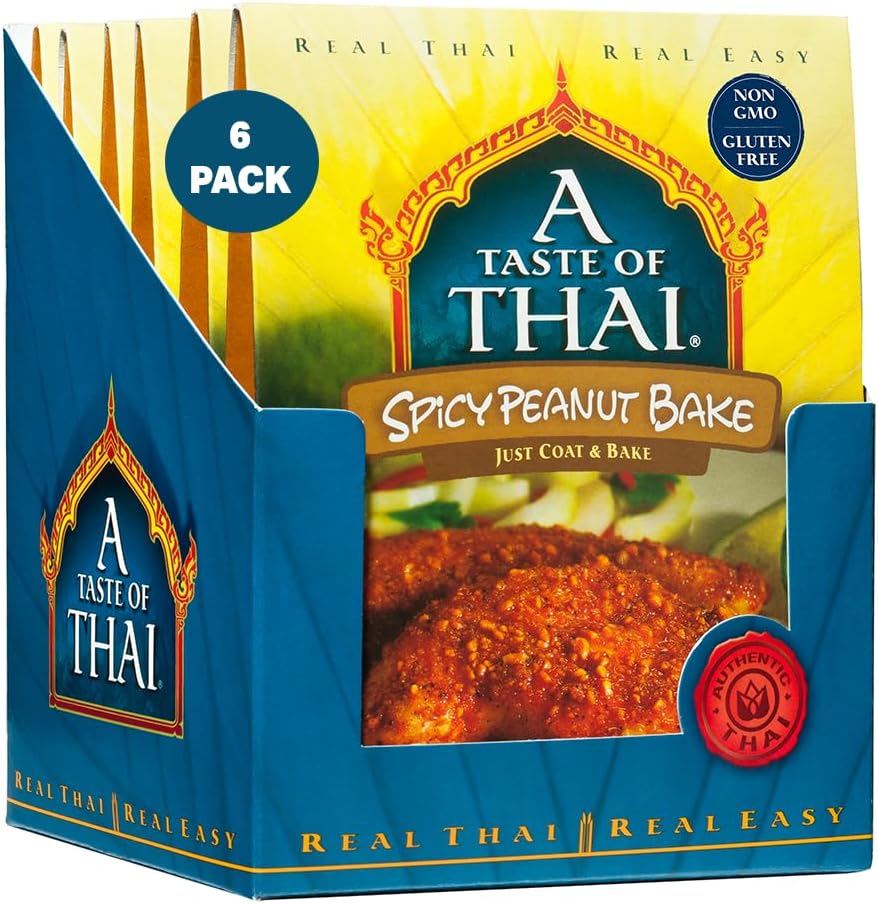 A Taste of Thai Spicy Peanut Bake – Authentic Thai Seasoned Coating Mix for Chicken, Fish & Pork – Gluten-Free & Non-GMO – Sweet & Spicy Peanut Crust – Bake, Air Fry or Grill – 3.5 oz (Pack of 6)