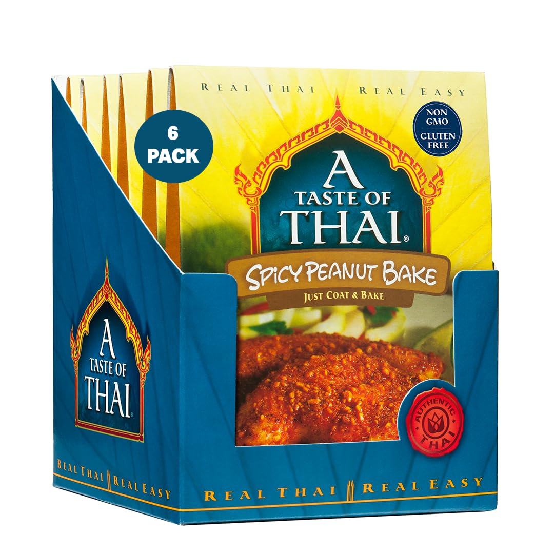 A Taste of Thai Spicy Peanut Bake – Authentic Thai Seasoned Coating Mix for Chicken, Fish & Pork – Gluten-Free & Non-GMO – Sweet & Spicy Peanut Crust – Bake, Air Fry or Grill – 3.5 oz (Pack of 6)
