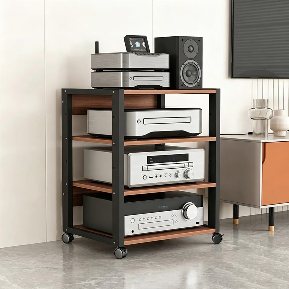 KLerDH Media Racks, Movable HiFi Rack AV Media Stand With Casters 3/4-Tier Amplifier Audio Rac(Teak,4 Tier)